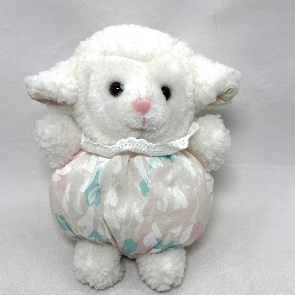 Russ Berrie White Lamb Sheep Flower Pastel Beanbag Pink Purple 6" Sherpa Vtg 80s